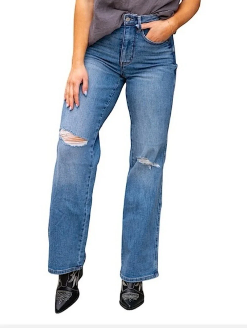 Judy Blue Straight Leg Medium Wash Distressed High Rise Denim Jeans Size 20W